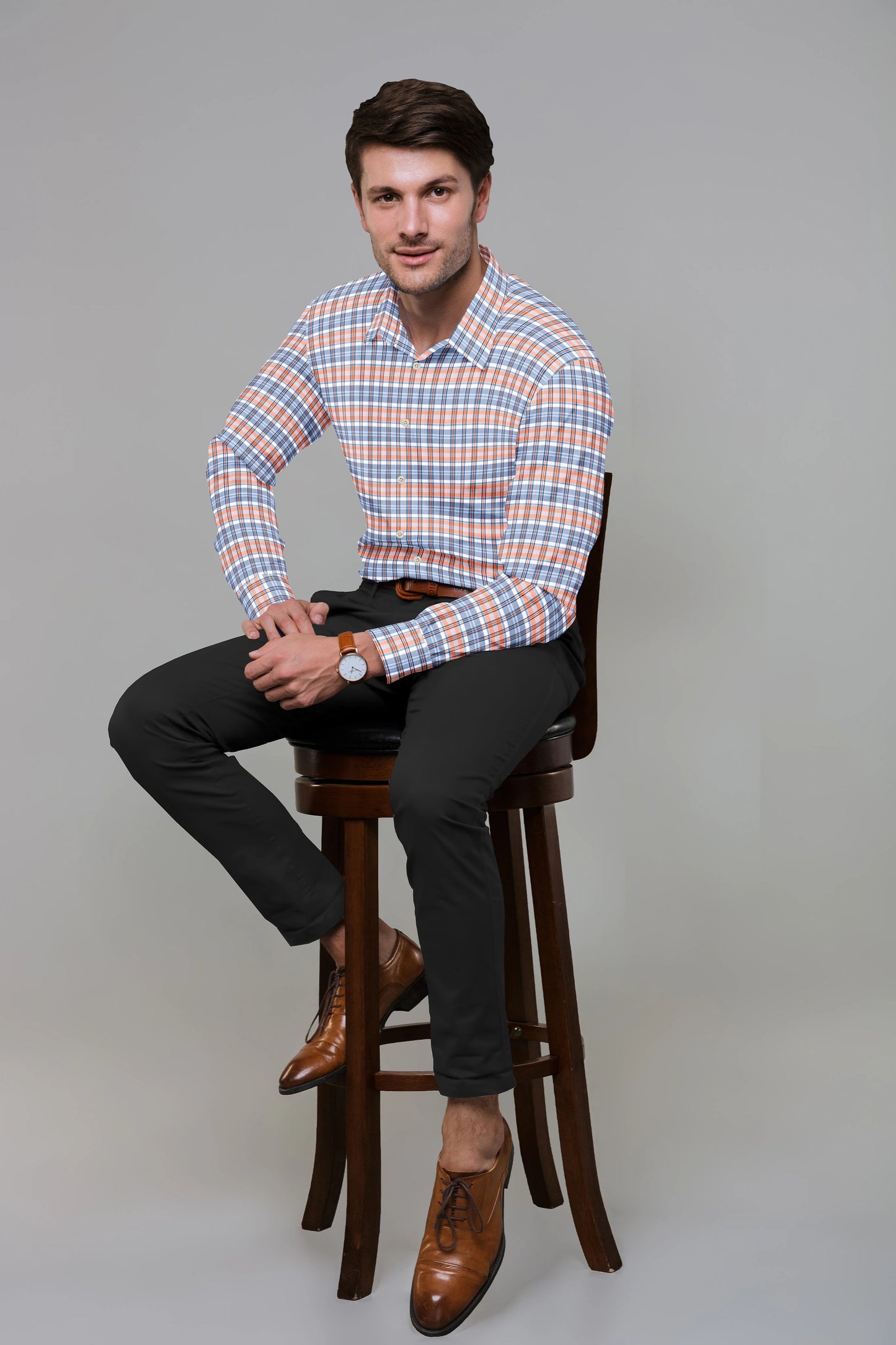 Orange & Blue Plaid Check Shirt