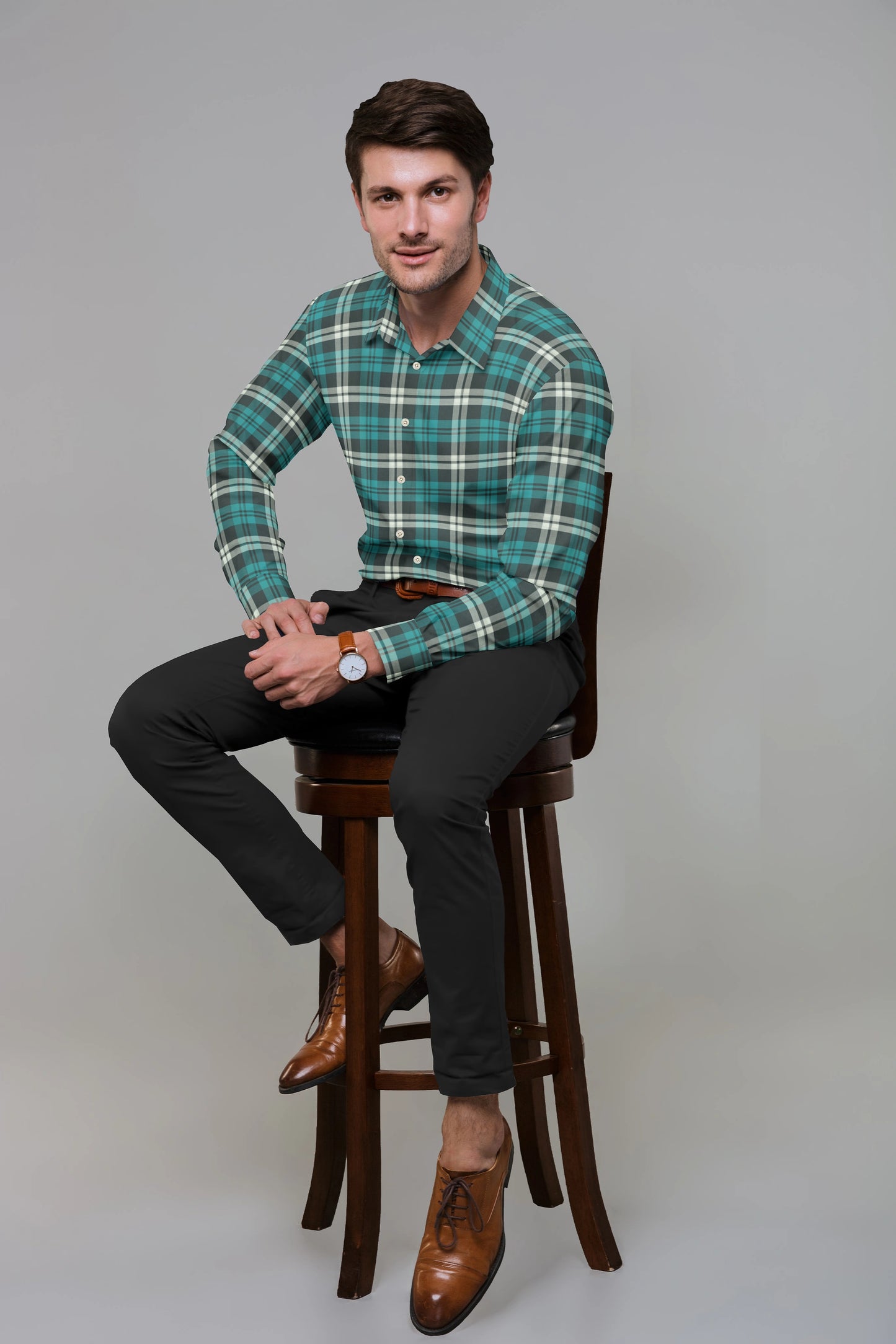 Blue Green Window Pane Check Shirt