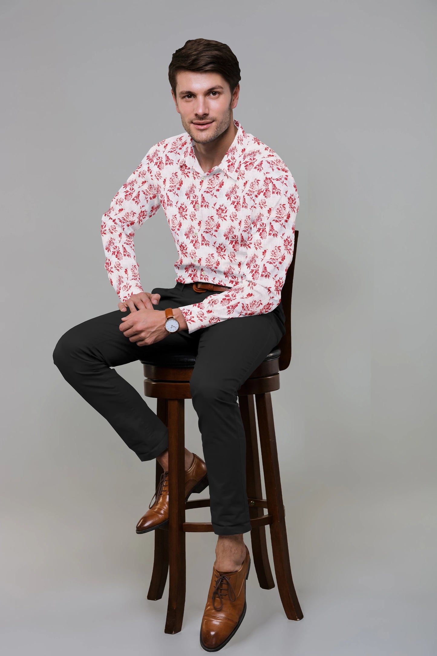 White Linen Red Floral Print Shirt