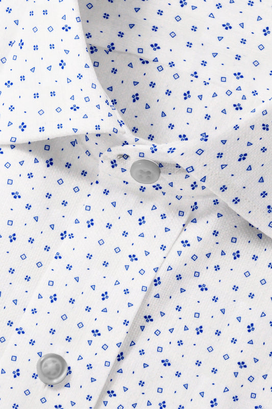 Geometric Print White on Blue Shirt